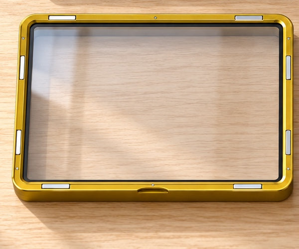 Kin (Gold) Hikari Display Case in a bright yellow-gold finish, front view on a warm oak surface.