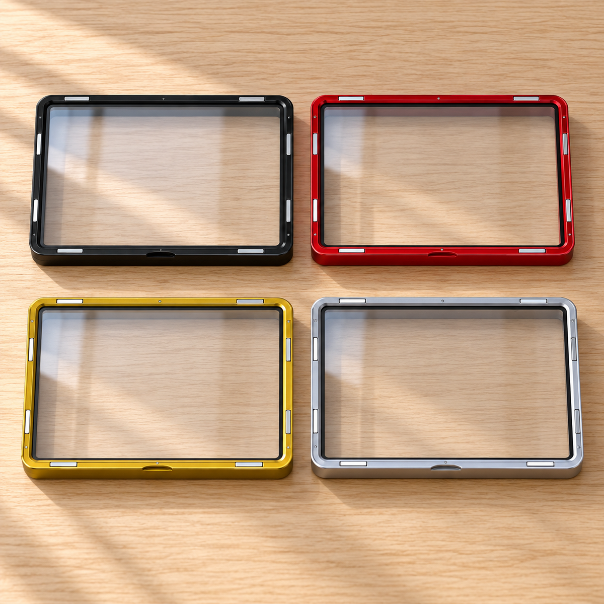 Hikari Display Case in Kuro (Black), Akane (Red), Kin (Gold), and Gin (Silver) on a warm oak surface.