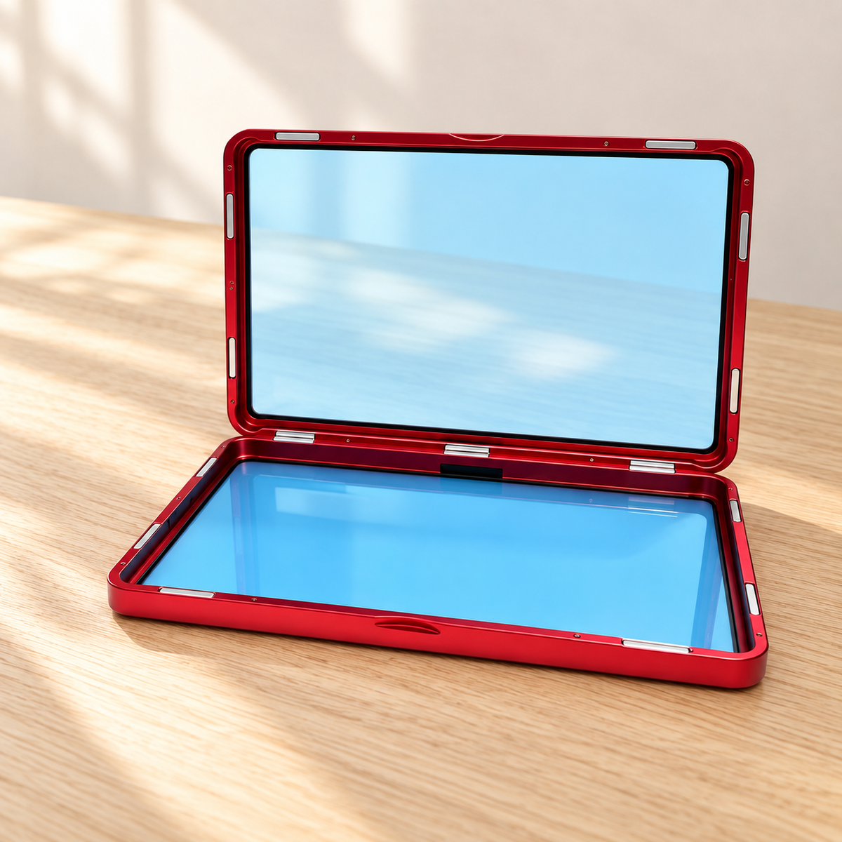 Open Akane (Red) Hikari Display Case showing the clear panels, magnetic closure points, and interior lining.