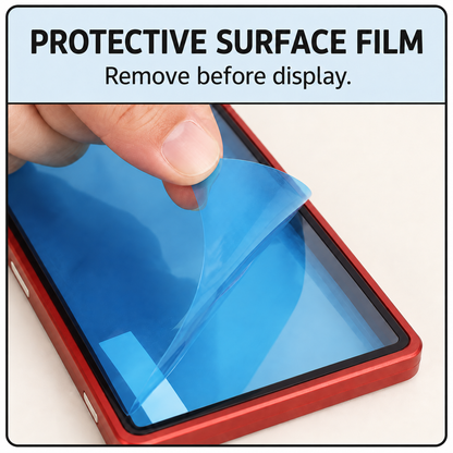 Hikari Display Case detail: removable protective surface film on the Akane (Red) case.
